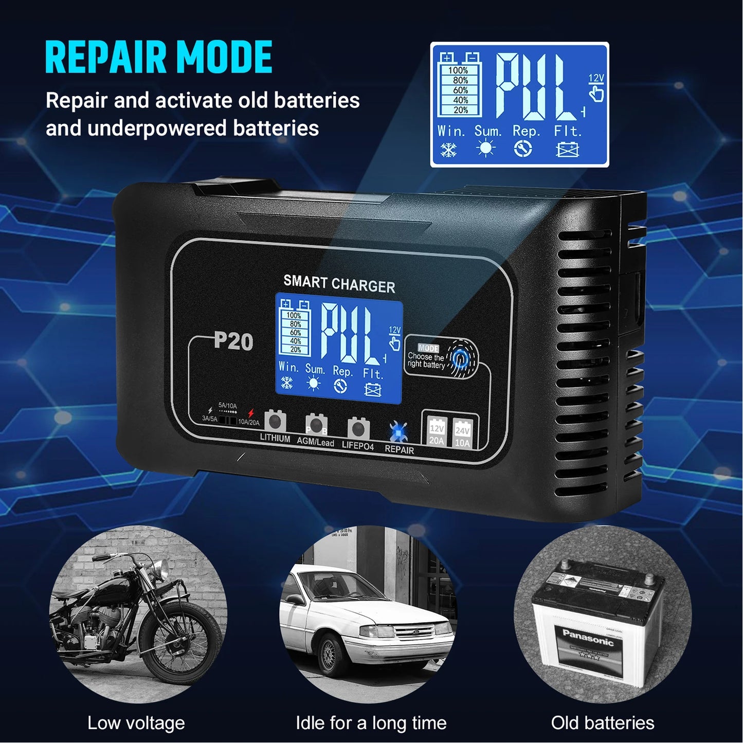 EAFC 10A/15A/20A Car Battery Charger 12V 24V Smart Charger for Lead-Acid PB AGM LiFePO4 Batteri Automatic Motorcycle Charger