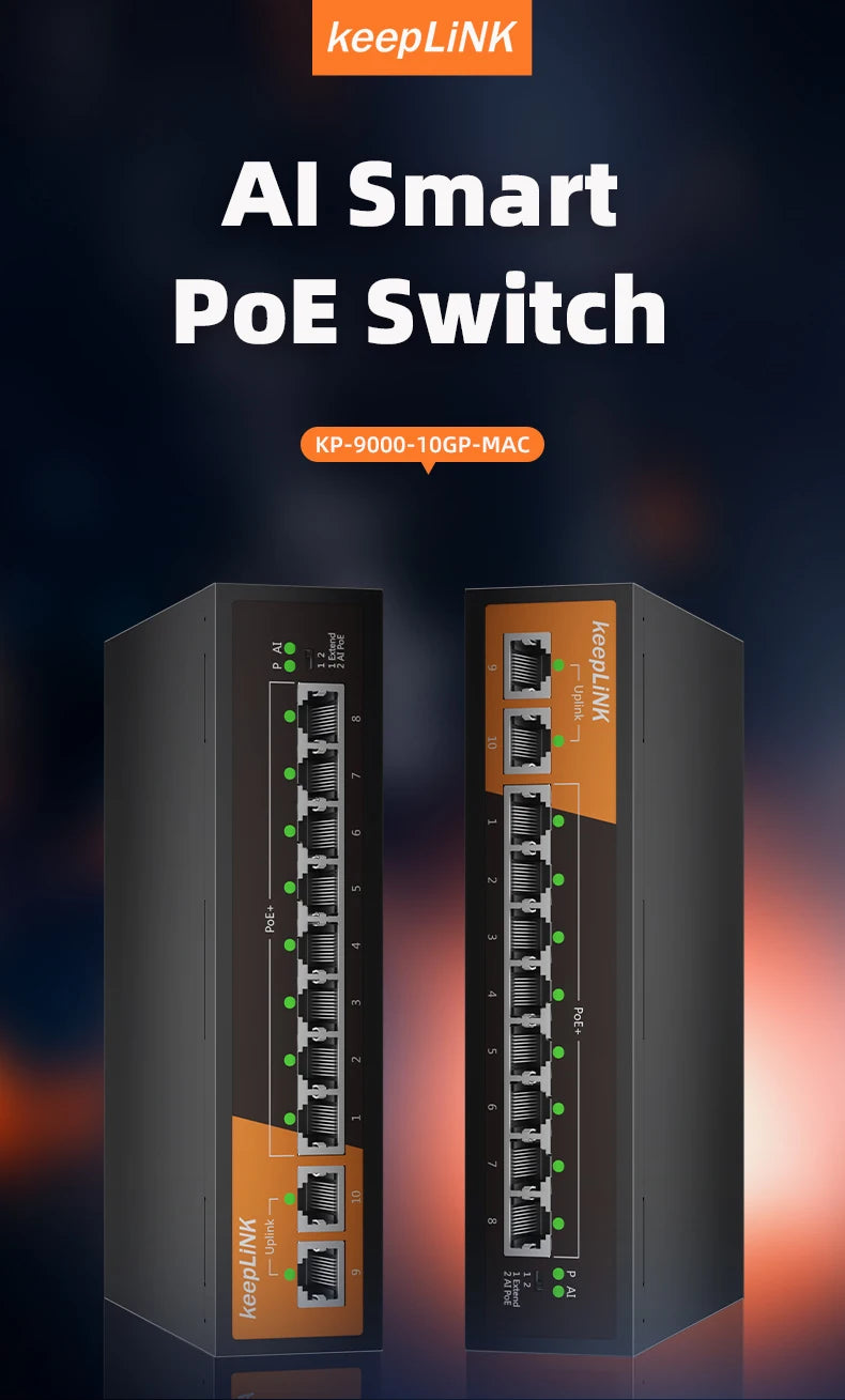 KeepLiNK 10-Port Gigabit Switch with 8-PoE and 2-RJ45 for Uplink Unmanaged Plug and Play