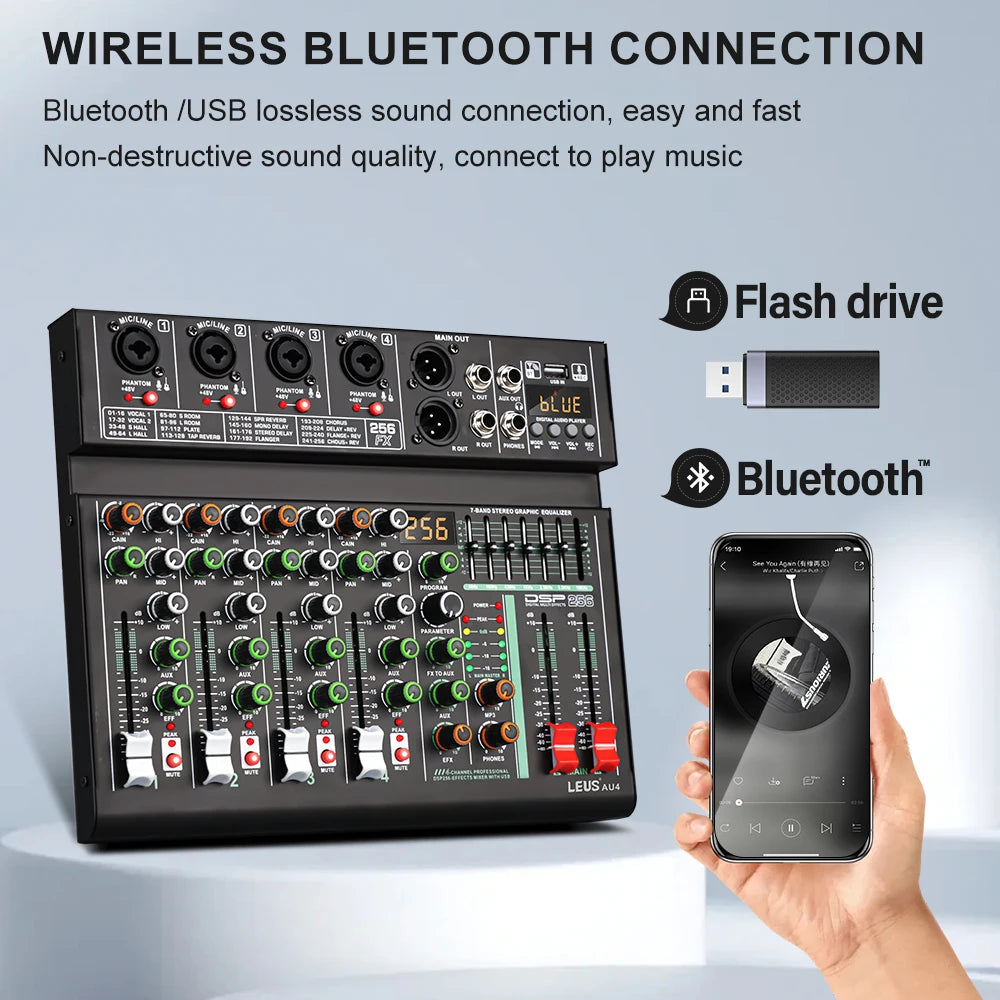 LEUS AU4 Channel 256 DSP Effect Audio Mixer Record PC 48V Phantom Power USB Sound Mixers Bluetooth DJ Console Mixing for Karaok