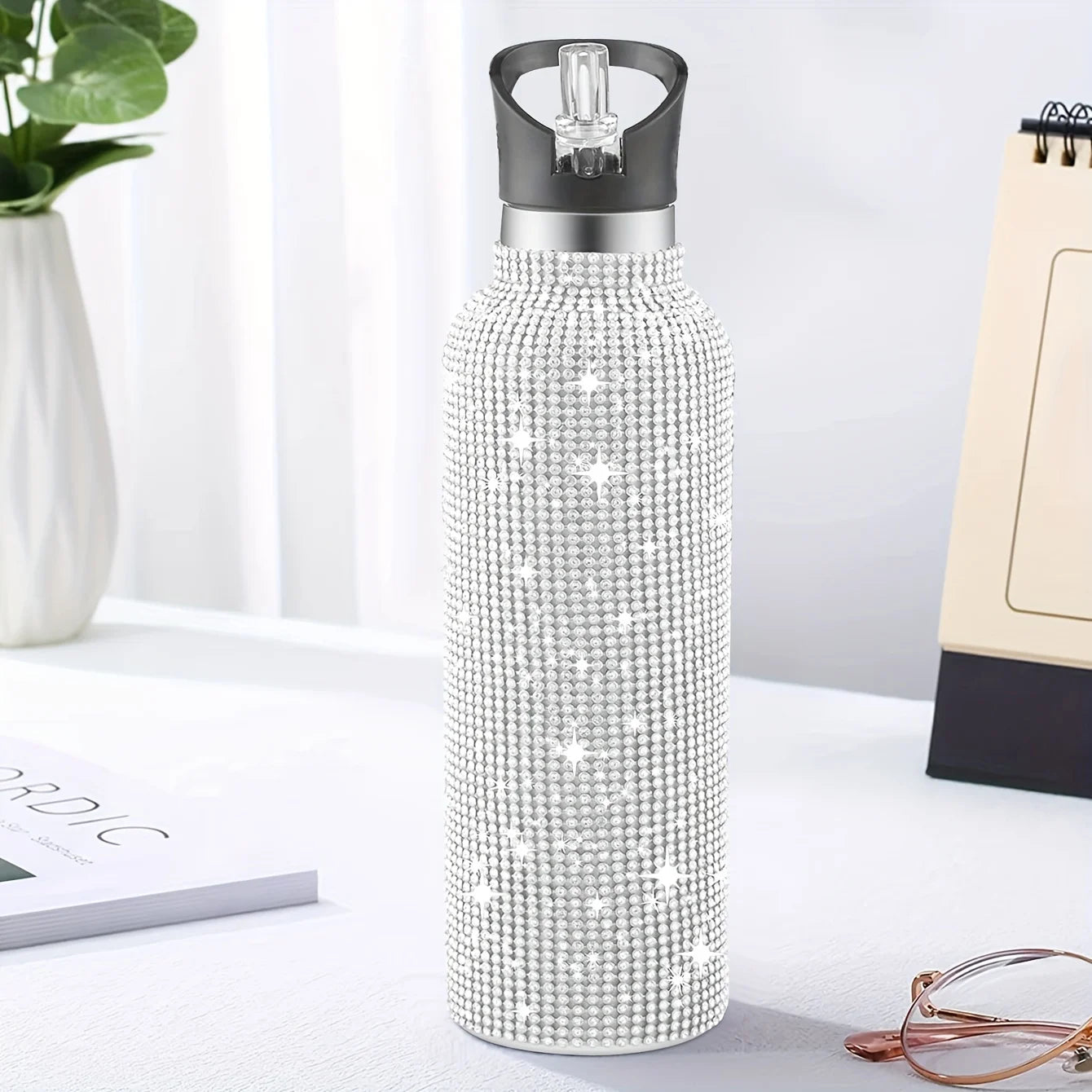 1 Piece 17oz/25oz Sports Diamond-encrusted Stainless Steel Thermos Cup With Straw Suitable For Hot And Cold Drinks