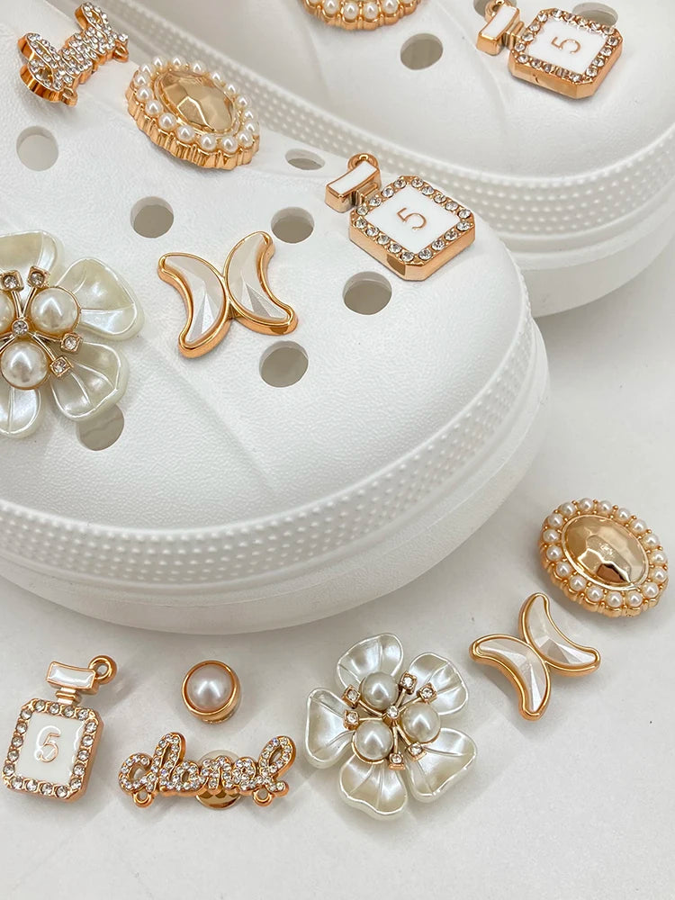 12pcs Gloden Shoe Charms 3D Flower Perfume Faux Pearl Shoe Buckle Decoration Suitable For Crocs Kids Party Gift