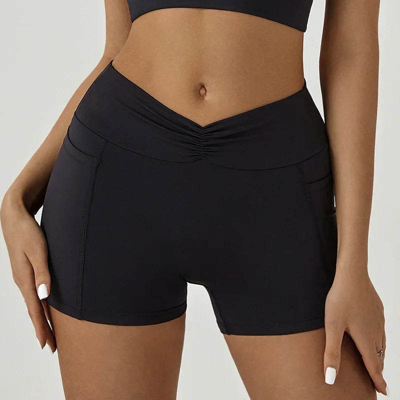 Tight Fitting Hip Yoga Shorts Pockets Women High Waisted Fitness Outdoor Leggings Scrunch Lifting Yoga Biker Shorts