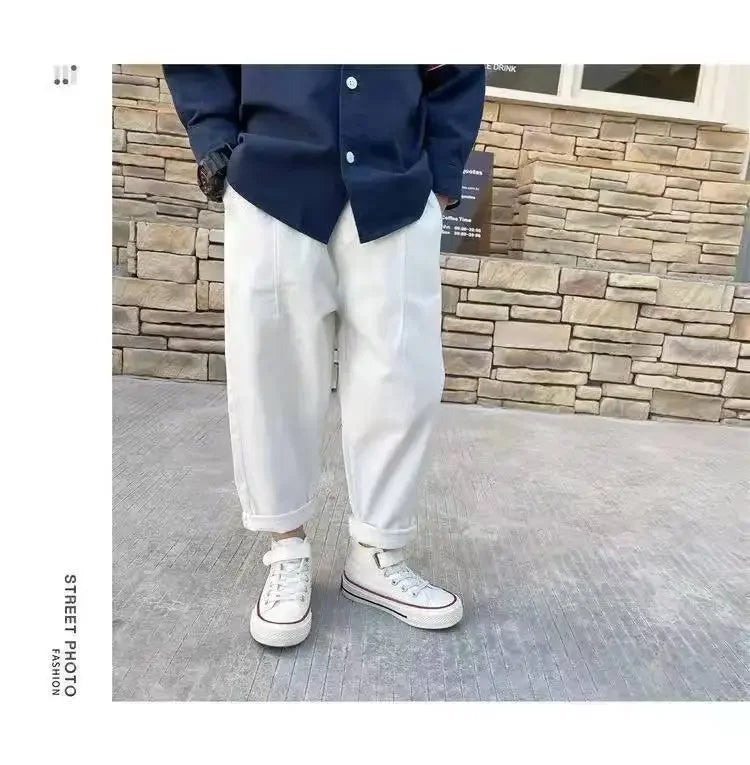 2024 New Baby Pants Solid Color Kids Causal Fashion Trousers Loose Spliced Pocket Harajuku Pants Cotton Boys Children's Clothing