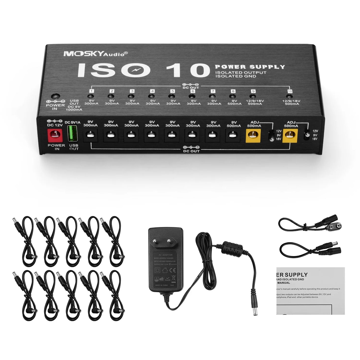 MOSKY ISO-10 Guitar Effect Pedal Power Supply 10 Isolated DC Outputs/ 5V USB Output for 9V 12V 18V Protection Guitar Accessories