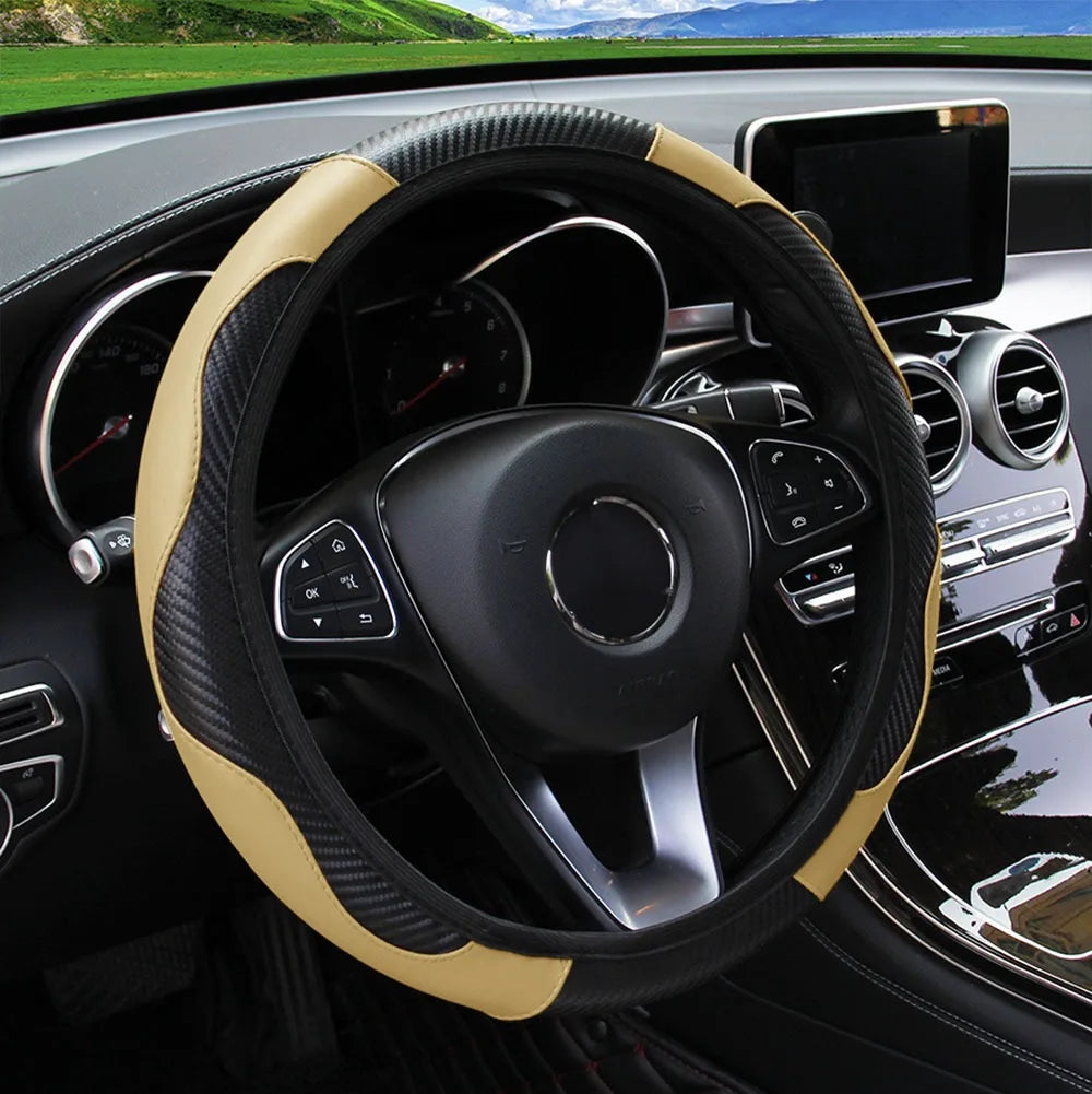 PU Carbon Fiber Leather Car Steering Wheel Cover Without Inner Ring Universal Suitable for 14.5-15 Inches of Automotive Supplies
