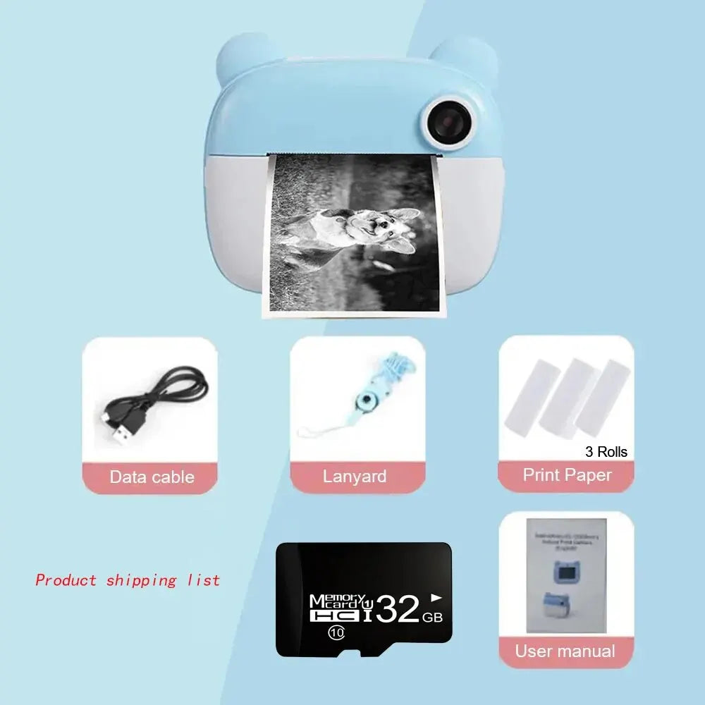 Children's Camera LCD Screen 2.4 Inches Supports 32G Memory Battery Life 1000 MAh Instant Printing Camera Supports Video Games