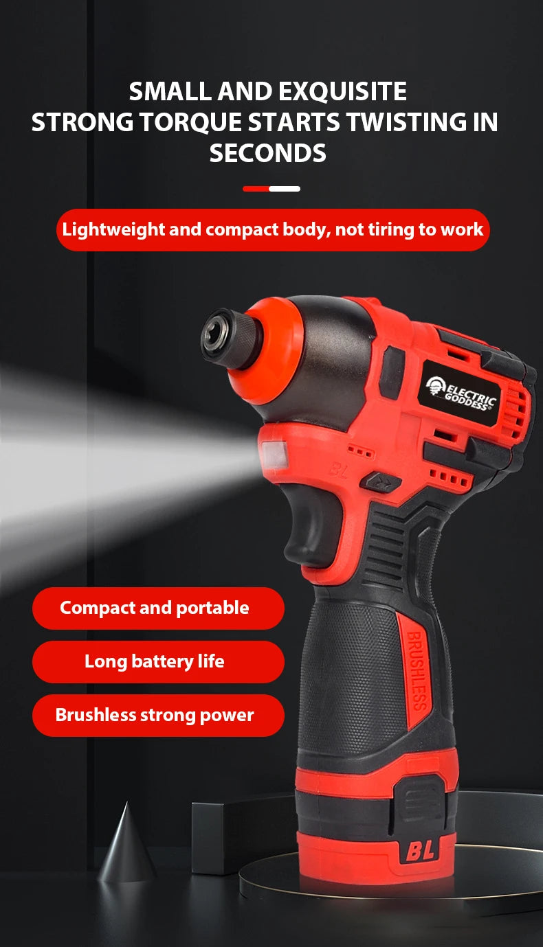 Electric Goddess Brushless Electric Screwdriver with 18V Lithium Battery Cordless Drill Screw 1500mAh Rechargeable Power Tools