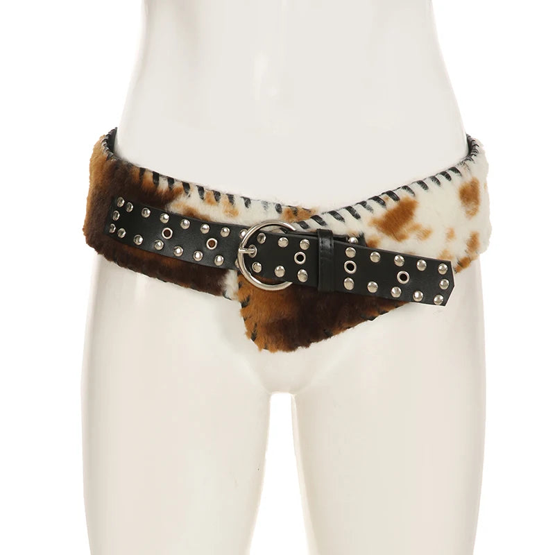 SUCHCUTE Vintage Faux Fur Patchwork Pu Leather Belt Punk Western Cowboy Accessories Y2K Women's Waistband Retro 2000s Decorative