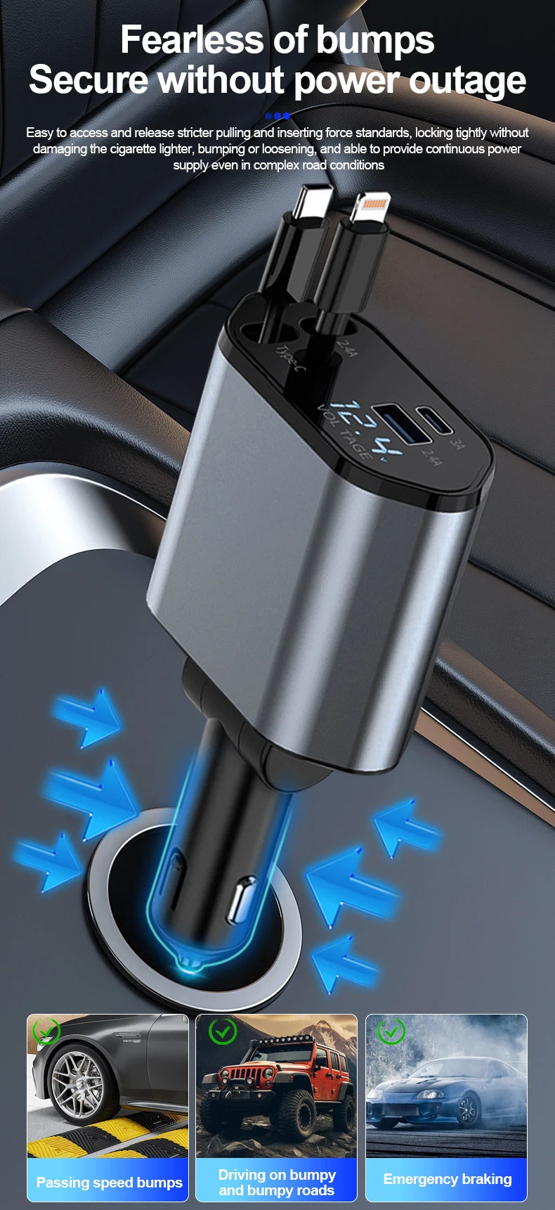 100W Car Charger Car Super Fast Charge Flash Charging, Telescopic Cable Four-in-one Point Smoker Car Charging