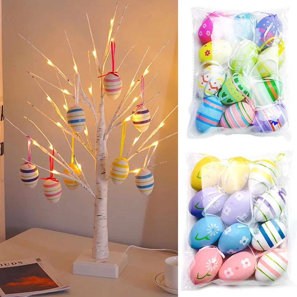 12Pcs Easter Egg Tree Pedant Foam Eggs Hanging Ornaments Easter Home Decoration 2024 Holiday Party Supplies Kids Gifts