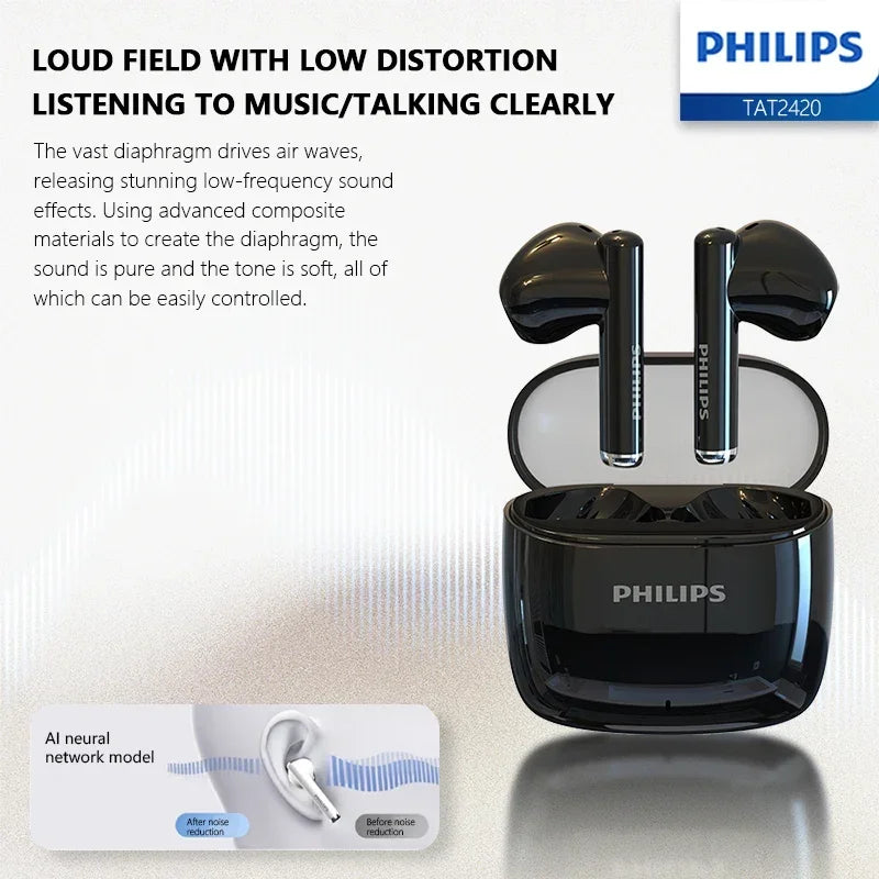 PHILIPS TAT2420 Semi-in-ear Wireless Bluetooth Earphones HIFI Sound Quality Call Noise Reduction Mini Portable Music Headset