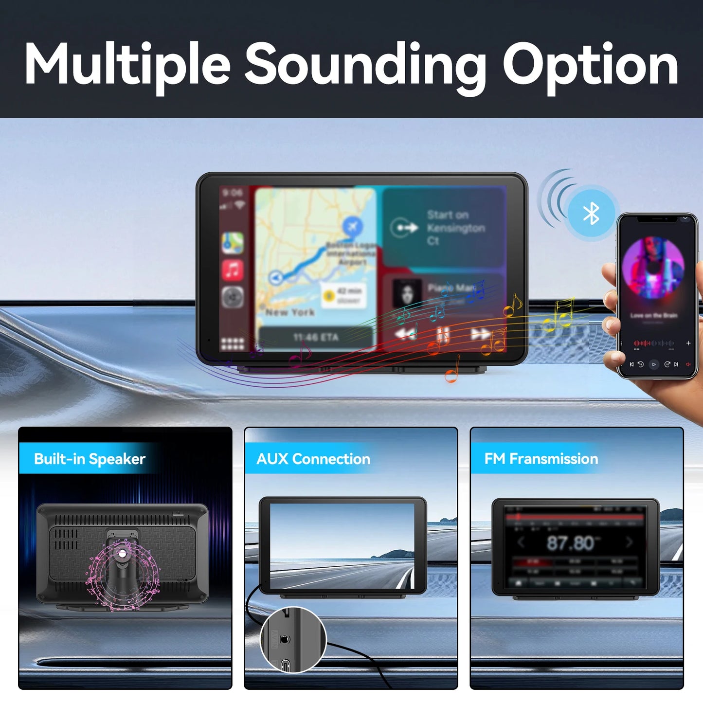 Portable CarPlay 7'' Smart Touchscreen with Car Stereo, Wireless Android Auto/Mirror Link/ AUX Connection/FM