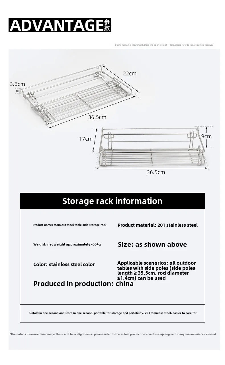 Outdoor Aluminum Table Side Storage Rack Hanging Mesh IGT Table Expansion Bracket Folding Table Extension Basket Folding Rack