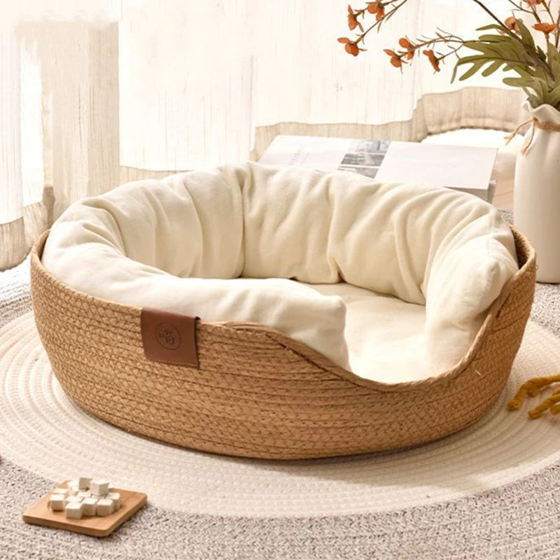 Woven Rattan Cat Basket Nesting Bed All-Season Cozy Kitten Lounger Cushion Scratching Board Detachable 2 in1 Cats Beds House