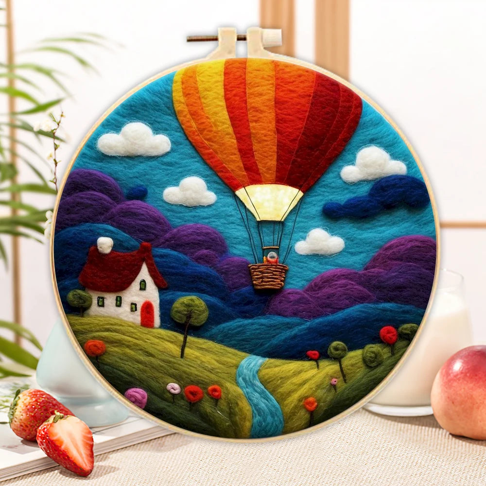 PhotoCustom DIY Wool Felting Painting Kit With Frame Handmade Needle Wool Painting Hot Air Balloon For Home Decors Crafts Gift