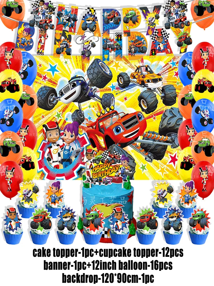 Blaze Monster Machines Theme Birthday Party Supplies Decor Cartoon Truck Balloon Banner Backdrops Cupcake Topper for Kids Gifts