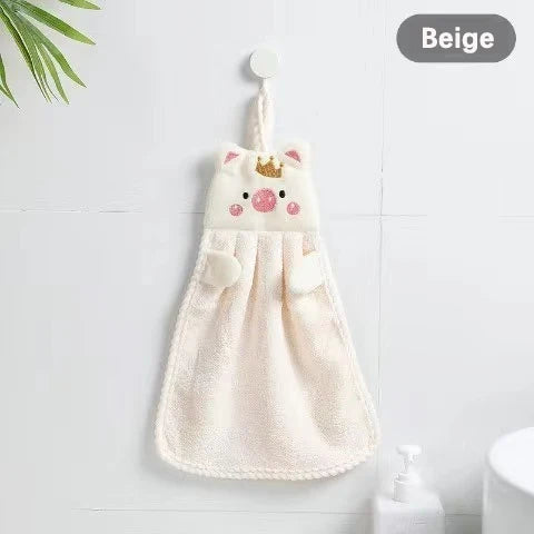 Soft Coral Velvet Hanging Towel with Adorable Piggy Embroidery for Bathroom Kitchen Dishwashing Handkerchief Cloth
