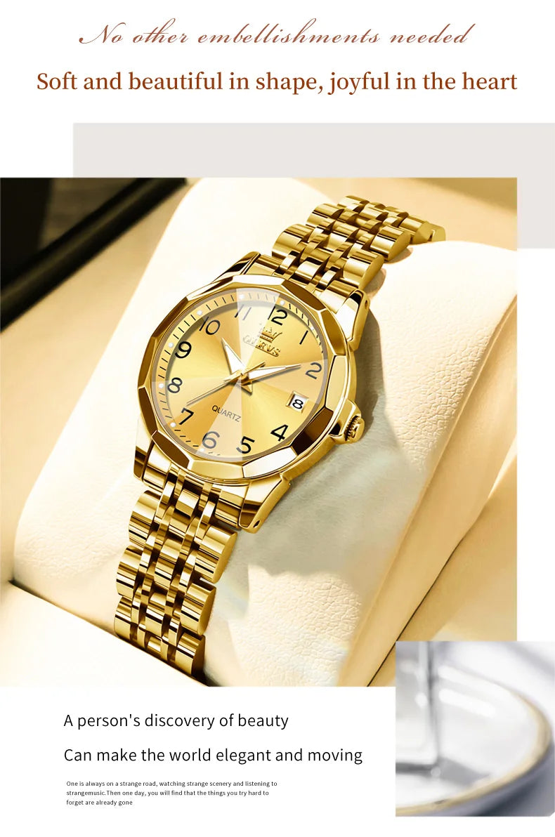 OLEVS 9970 Original Luxury Quartz Watch for Women Rhombus Mirror Digital Dial Calendar Stainless Steel Waterproof Wrist Watches