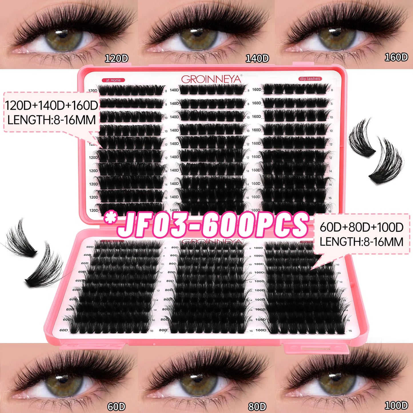GROINNEYA Lashes Cluster DIY Lash Extension Mixed Tray Clusters Eyelashes Fluffy Volume Individual Lashes Cat Eye Lash Extension