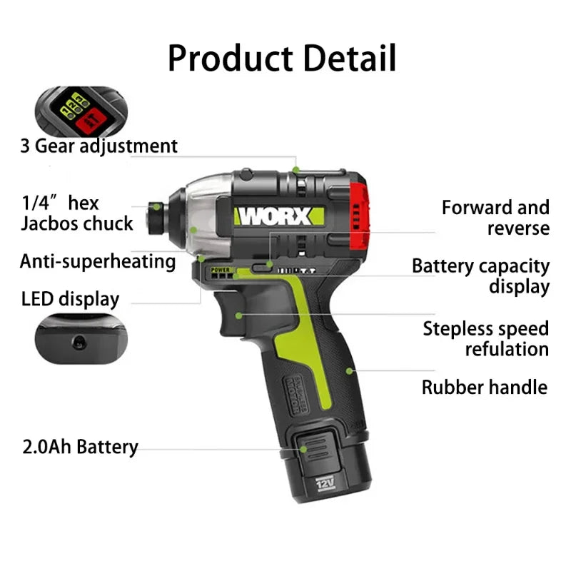 WORX Cordless Impact Screwdriver WU132 140Nm 12V 3300rpm Brushless Motor Adjust Torque Maintenance Power Tools Electric Drill