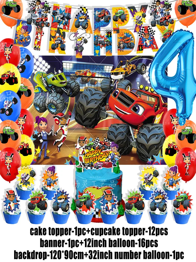 Blaze Monster Machines Theme Birthday Party Supplies Decor Cartoon Truck Balloon Banner Backdrops Cupcake Topper for Kids Gifts
