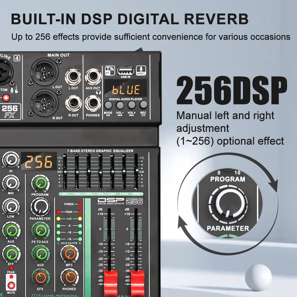 LEUS AU4 Channel 256 DSP Effect Audio Mixer Record PC 48V Phantom Power USB Sound Mixers Bluetooth DJ Console Mixing for Karaok