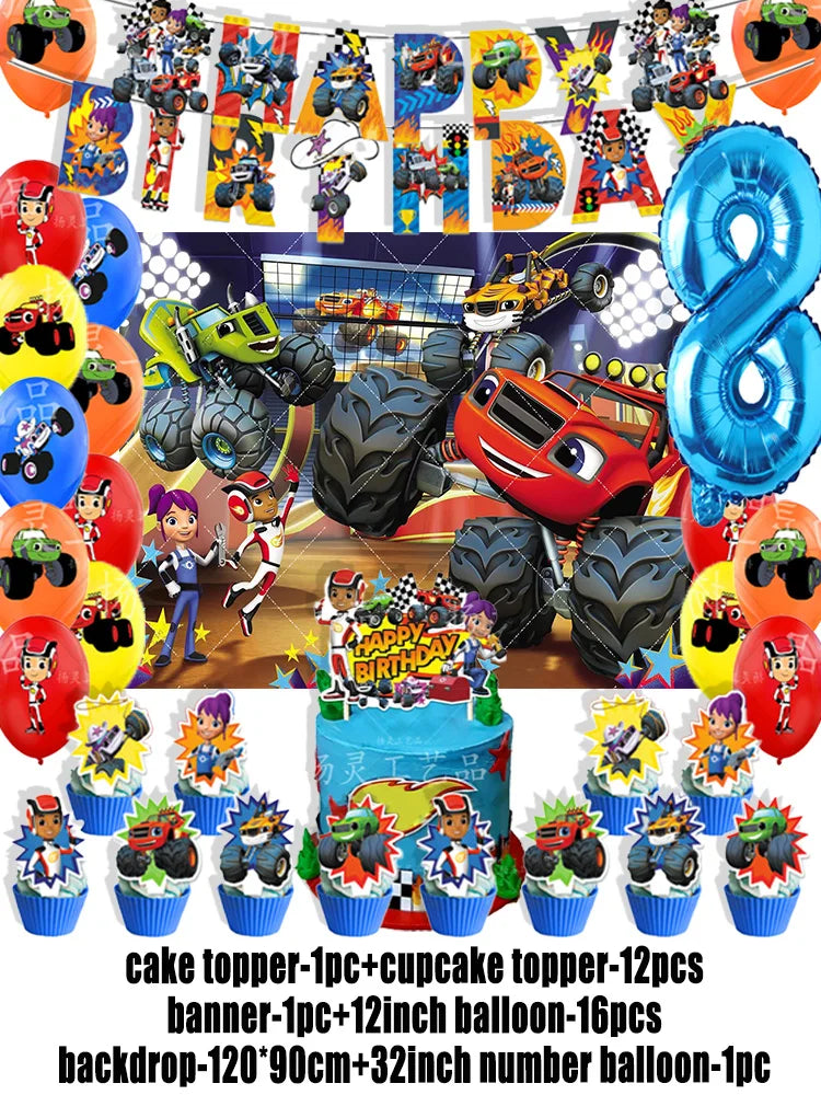 Blaze Monster Machines Theme Birthday Party Supplies Decor Cartoon Truck Balloon Banner Backdrops Cupcake Topper for Kids Gifts
