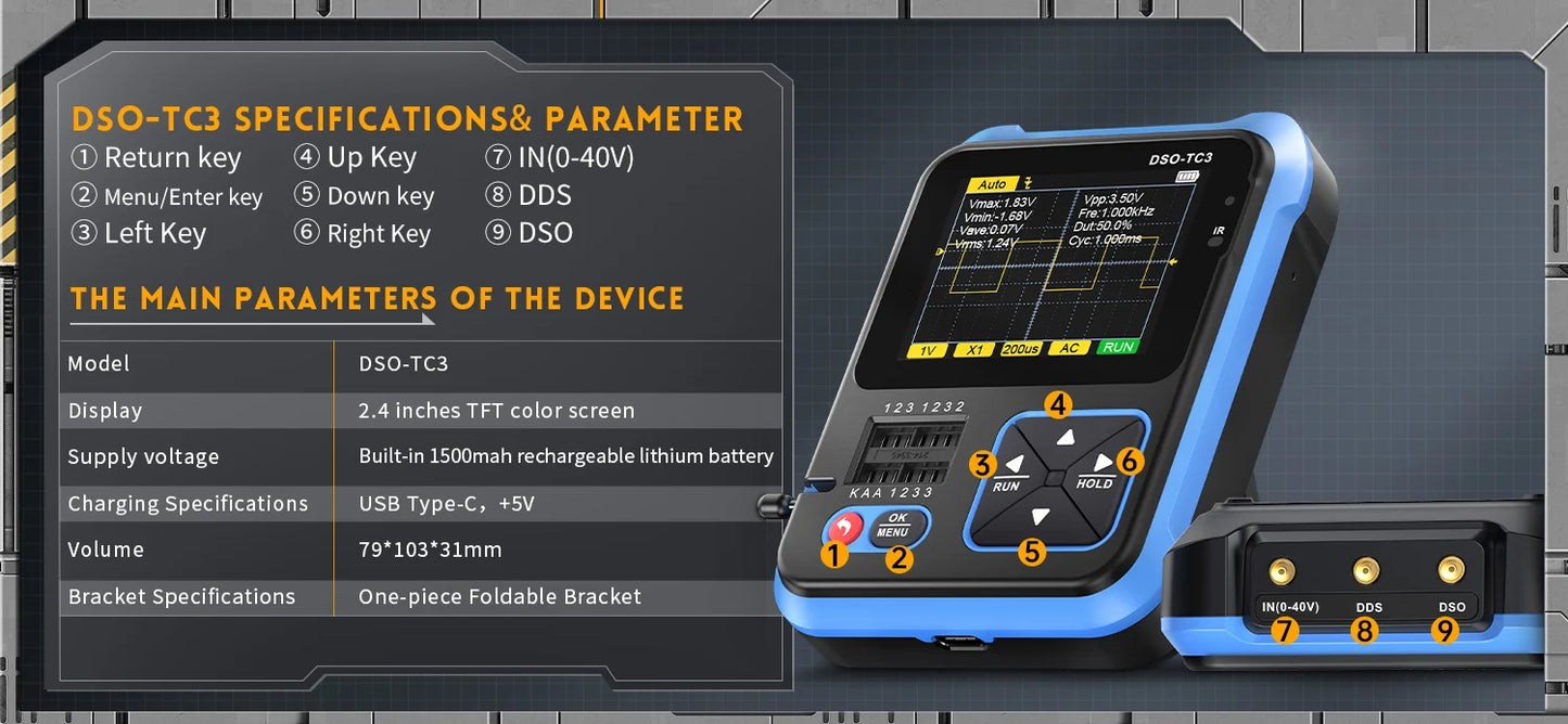 FNIRSI DSO-TC3 Handheld Digital Oscilloscope Transistor Tester 3-in-1 Support Diode Capacitance Voltage LCR Detect PWM Out
