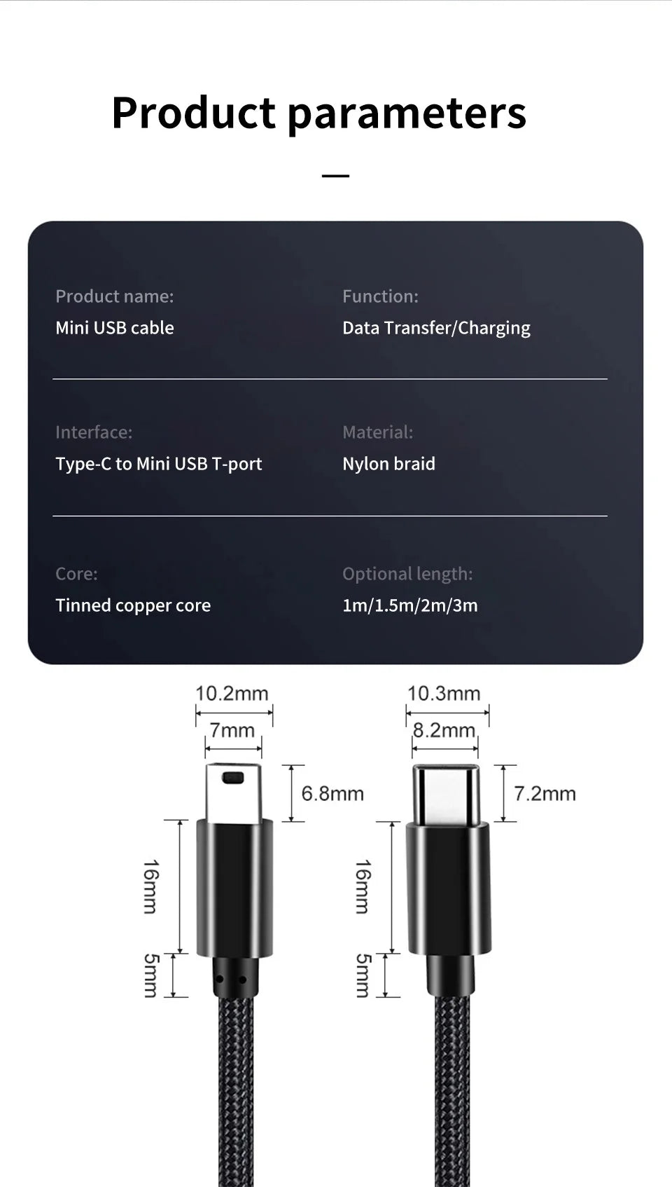 USB C to Mini USB cable Braided USB-C to Mini-USB 5-pin OTG charging Sync Data cable for GPS,Mp4/3,Camera,Dash Cam, C to Mini B