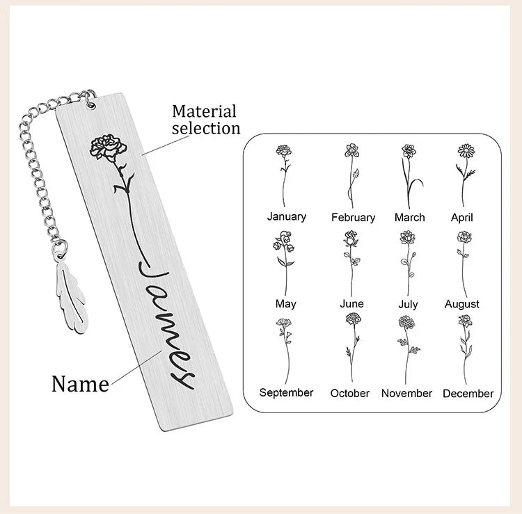 Personalized Birth Flower Bookmark With Name Text, Stainless Steel Customized Bar Birthday Gift For Women Daughter Sister Friend