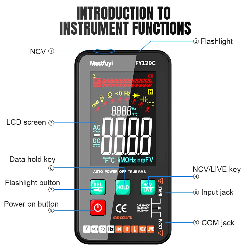 MASTFUYI Smart Digital Multimeter NCV Temperature Capacitance Tester 5999 Counts True RMS Auto Range DC/AC Voltage Meter