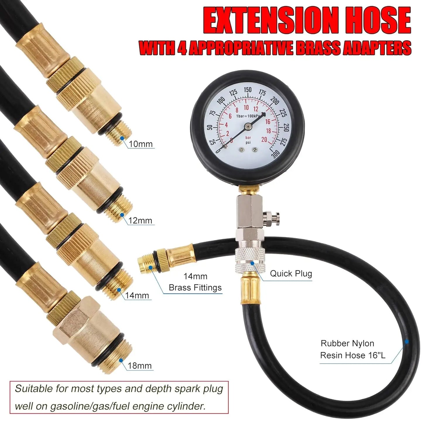 Petrol Engine Cylinder Compression Tester Kit Automotive and Motorcycles Tool 0-300PSI Engine Cylinder Pressure 0-21 Bar Gauge