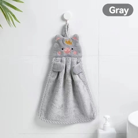 Soft Coral Velvet Hanging Towel with Adorable Piggy Embroidery for Bathroom Kitchen Dishwashing Handkerchief Cloth