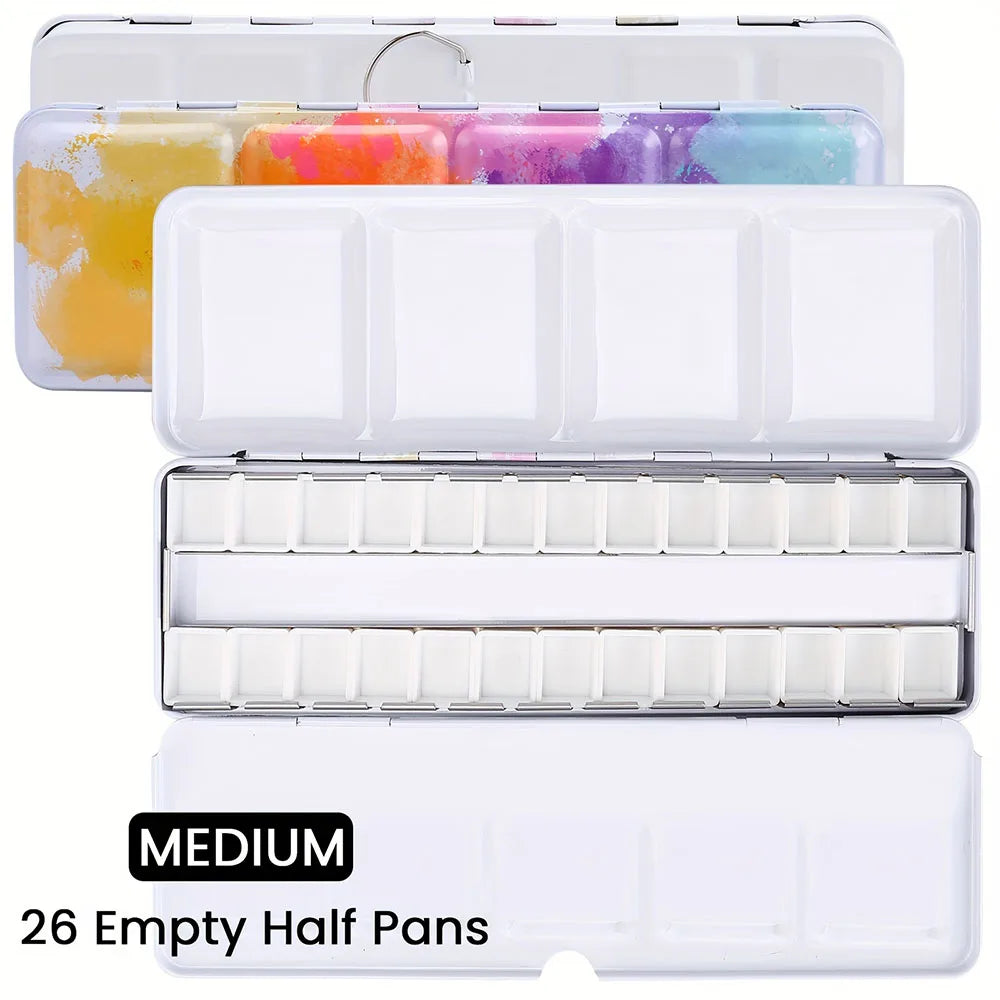 Empty Watercolor Palette, Metal Watercolor Tin with 26pcs Half Pans Paint Case with Lid Paint Box for Travel Gouache Oil Paintin