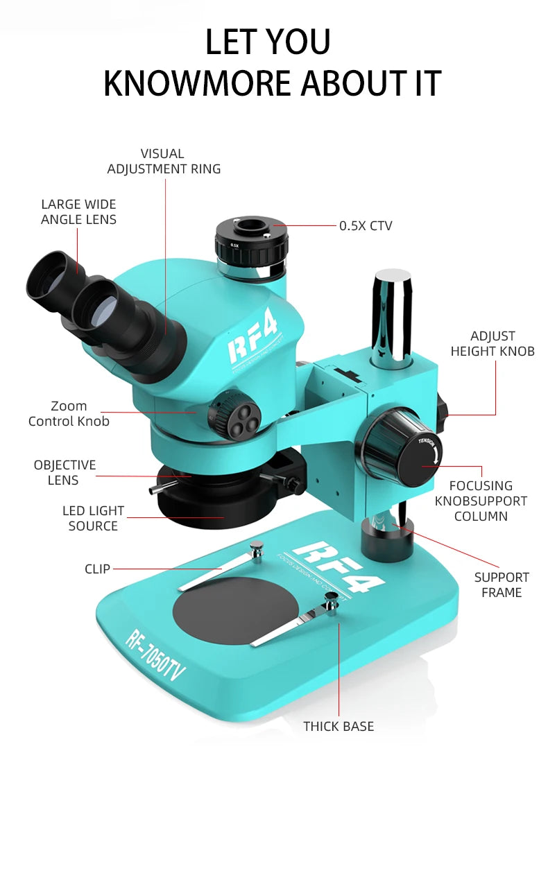 RF4 7-50X Trinocular Continuous Zoom Stereo Microscope WF10X/22mm Eyepiece Suitable for Mobile Phone PCB Welding Microscope Tool