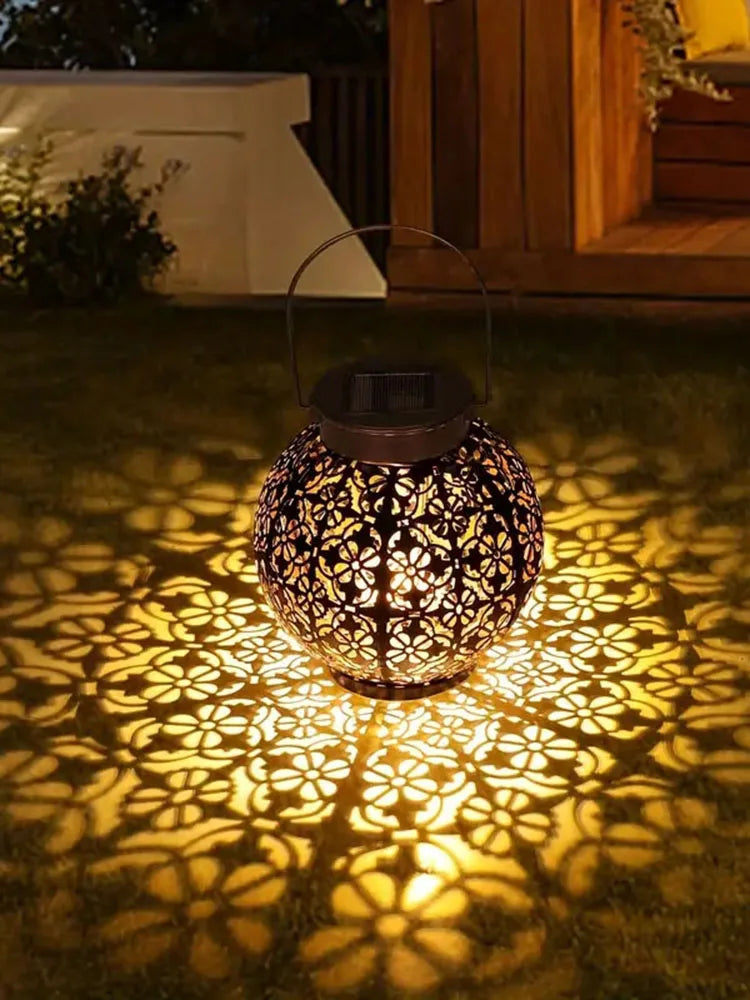 Outdoor Garden Landscape Decoration Solar Lights LED Metal Waterproof round Lantern Lights Hanging Hollow Projection Lights