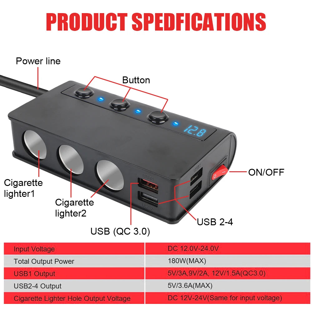 180W 4 Port USB Charging Socket Cigarette Lighter Splitter Quick Charge 12V 24V For Phone IPad 3.0 Car Charger Adapter