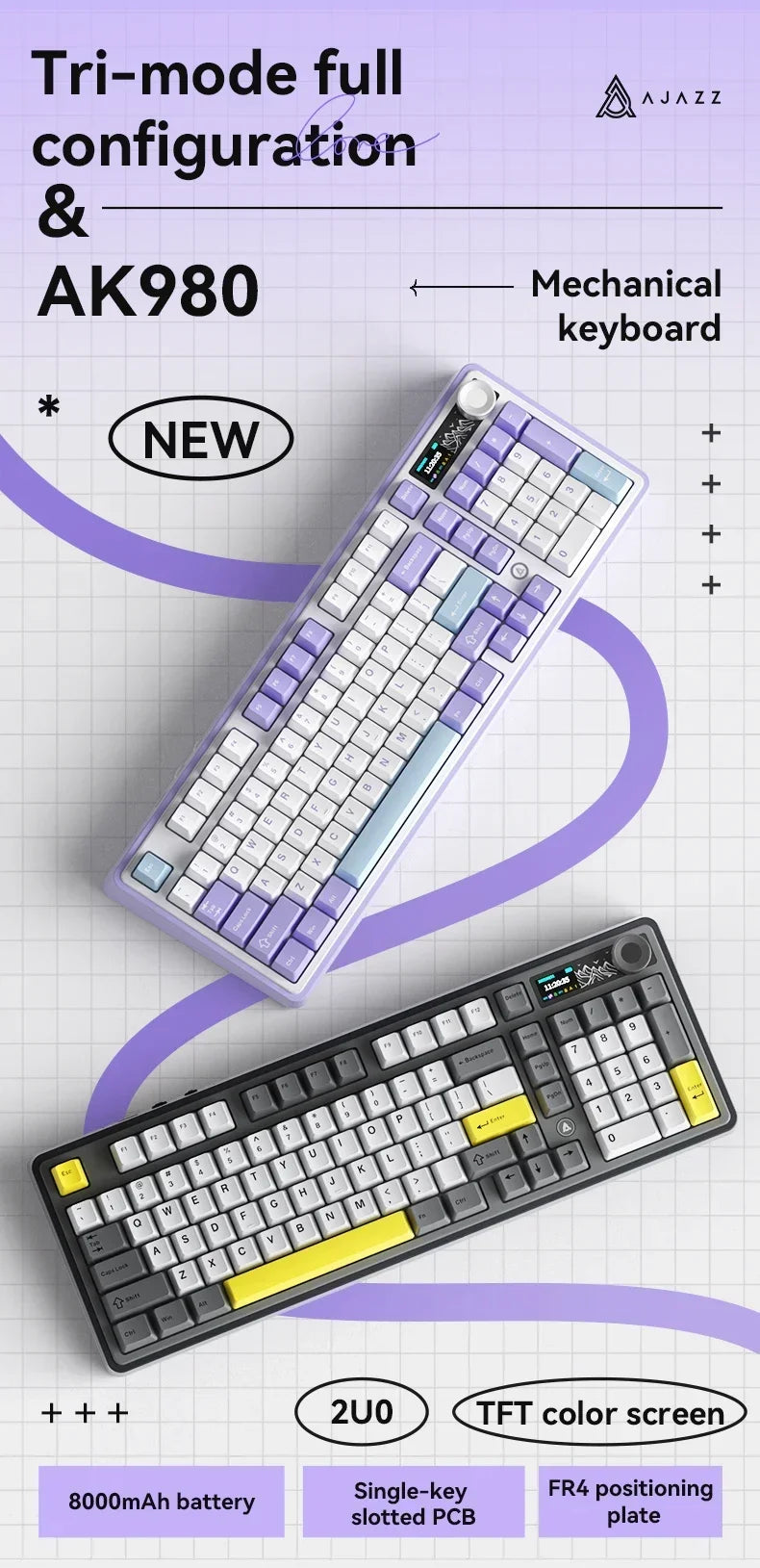 Ajazz AK980 Gaming Mechanical Keyboard Three Mode PBT Gasket Hot Swap RGB Wired Bluetooth Wireless Keyboard Game Accessories