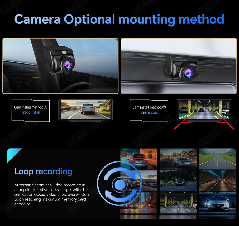 OBDPEAK T30 Car DVR Rearview Mirror Camera WIFI Android 12 Dash Cam GPS Navigation Carplay Android Auto Ai Screen Video Recorder