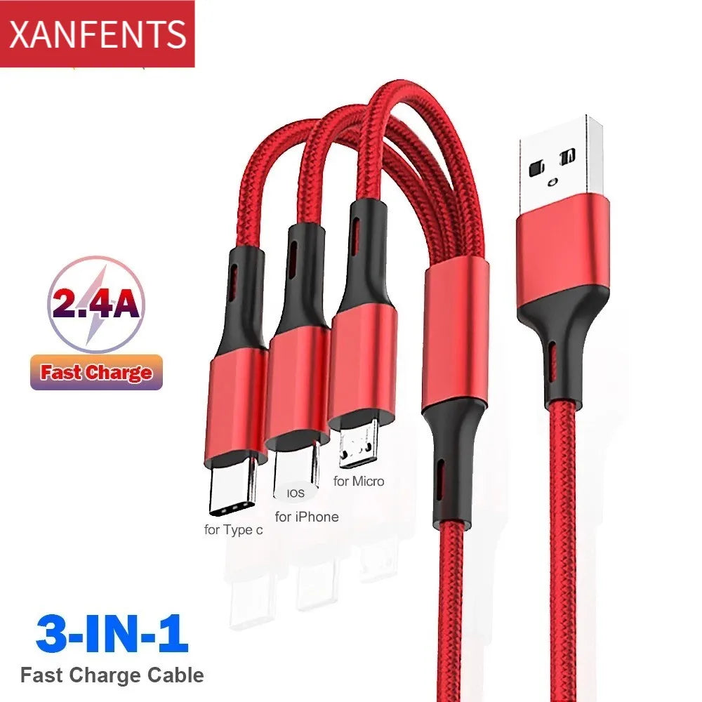2.4A Braided One Drag Three USB-A For Apple Android Type-c/USB-C Fast Charging Cable 1.2m 3in1 Black Silver Red Blue Golden