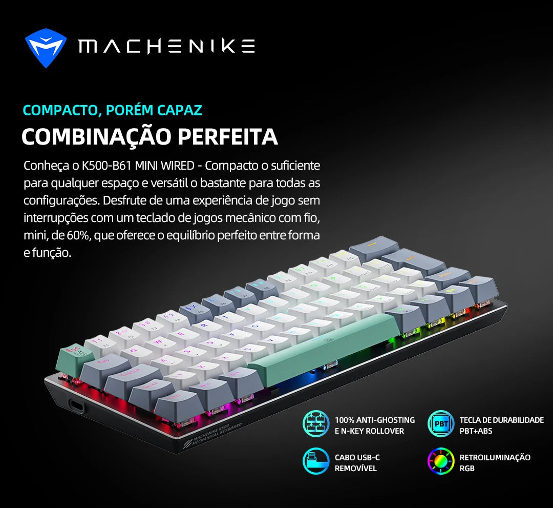 Machenike K500-B61 Mini Mechanical Keyboard 60% ABNT2 Layout RGB Backlight Hot-swappable NKRO Wired Gaming Keyboard For PC Gamer