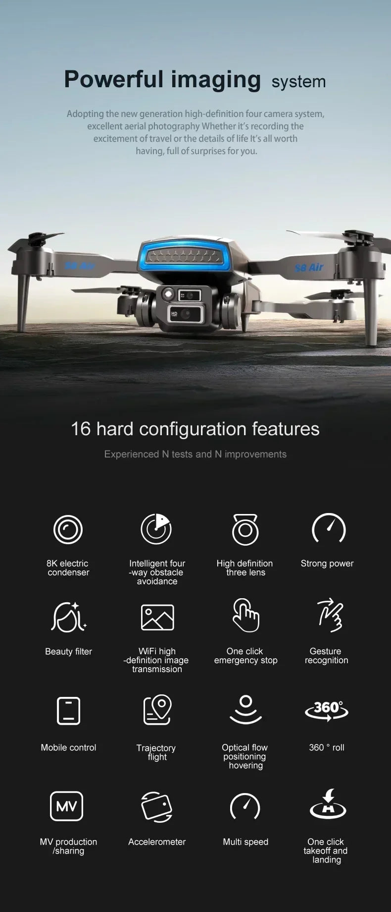 New S8 AIR GPS 5G Drone 8K HD Camera WIFI FPV Obstacle Avoidance Optical Flow Cool Lighting RC Foldable Quadcopter Gifts Toys