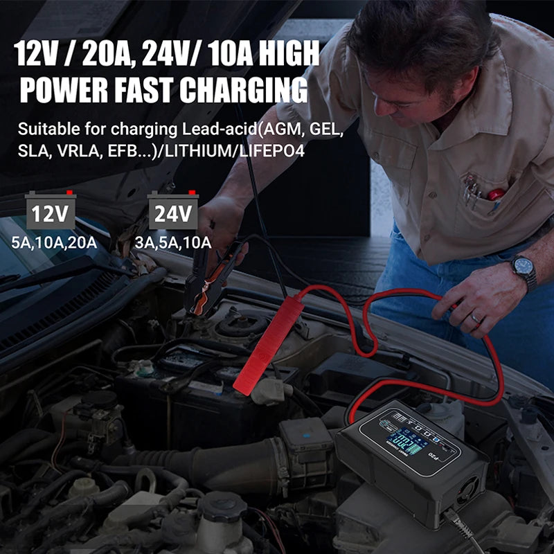 EAFC 10A/15A/20A Car Battery Charger 12V 24V Smart Charger for Lead-Acid PB AGM LiFePO4 Batteri Automatic Motorcycle Charger