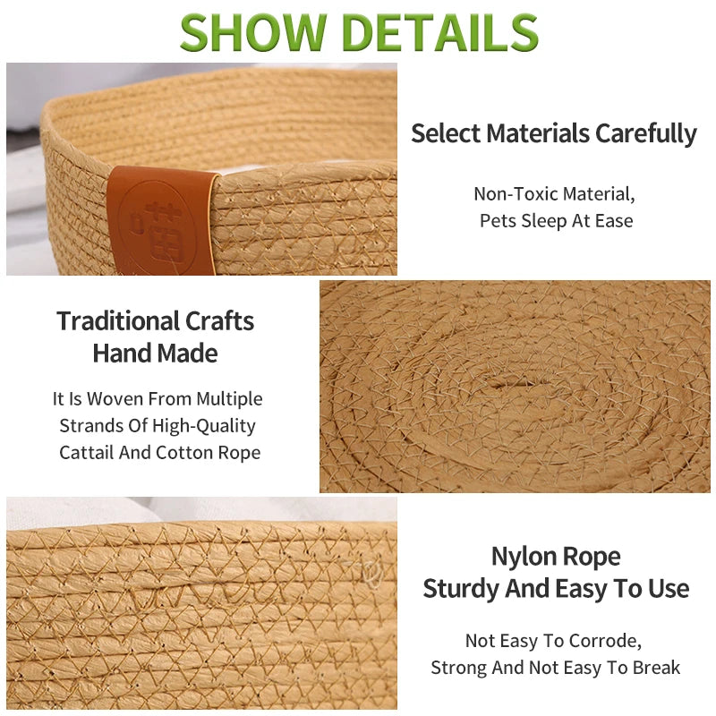 Woven Rattan Cat Basket Nesting Bed All-Season Cozy Kitten Lounger Cushion Scratching Board Detachable 2 in1 Cats Beds House