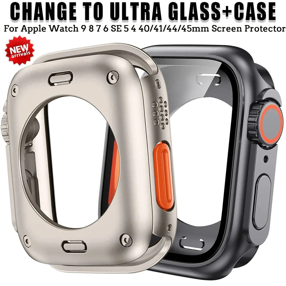 Screen Protector Cover for Apple Watch 45mm 44mm 40mm 41mm Hard PC Front Rear Bumper Case iwatch 9 8 7 SE 6 5 4 Change To Ultra