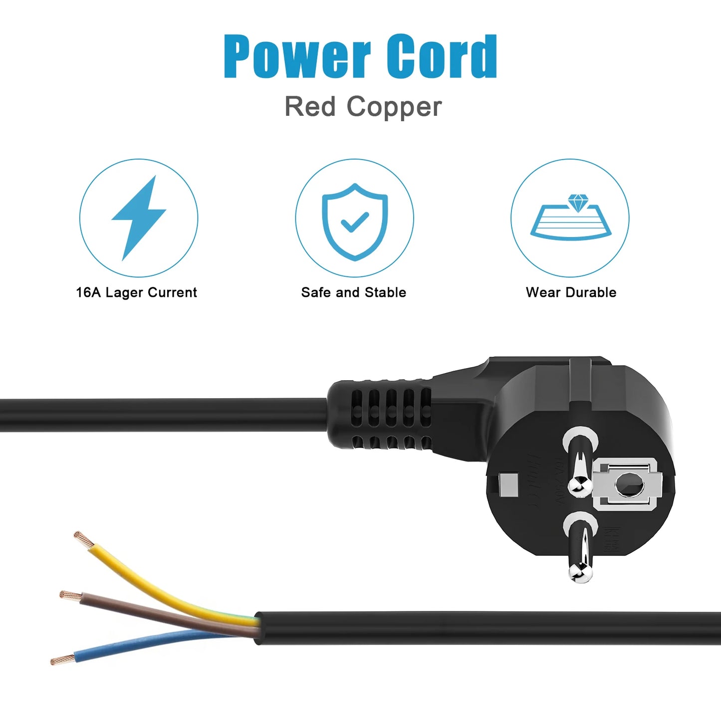 2/3/5 m Euro gauge Replaceable coil cable 250V 16A ground contact male plug end 6cm extension cord for electrical appliances