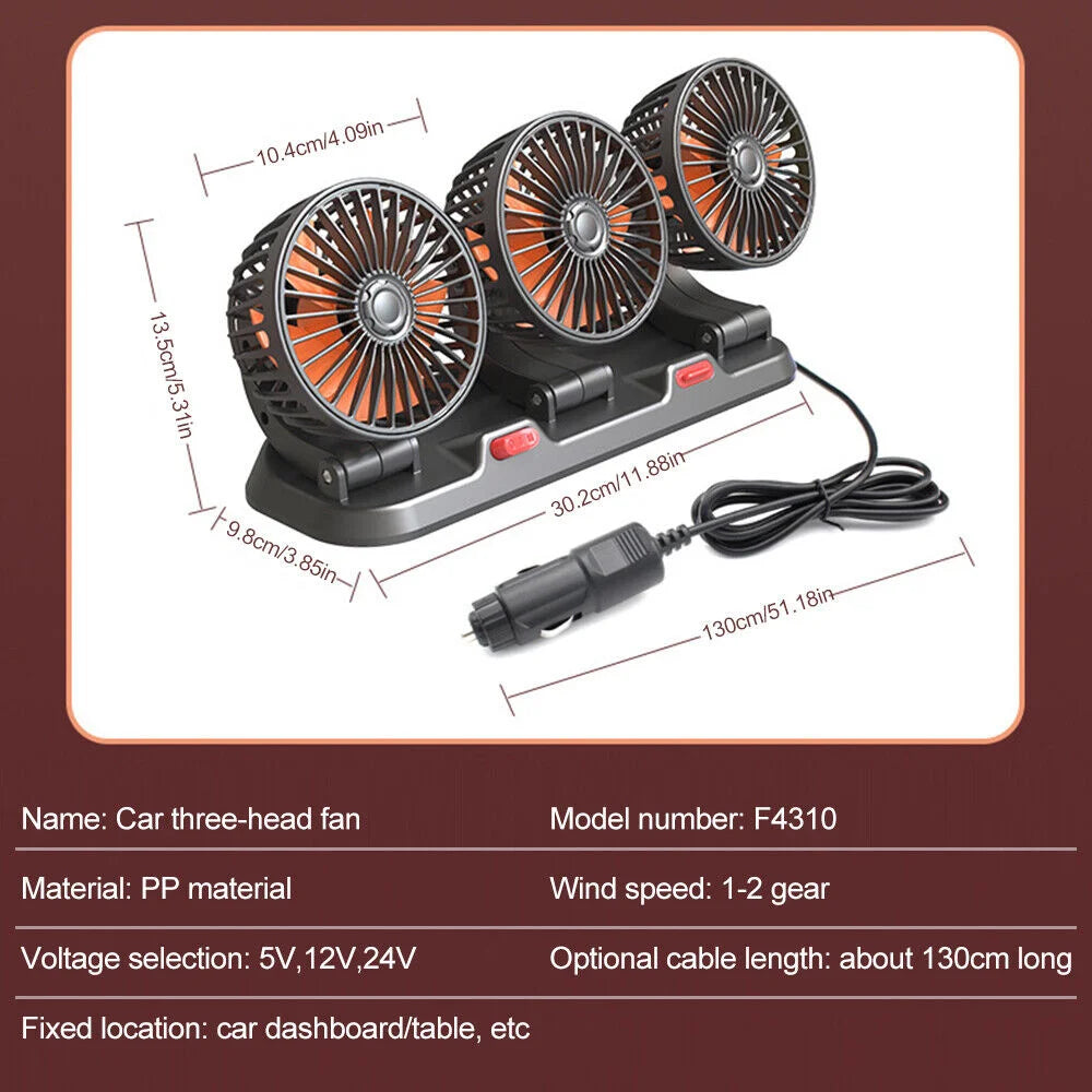 Car Fan 360° Adjustable 3 Head Air Fan Automotive Electric Fan USB/12V/24V Fan 2 Speeds Car Silent Fan For Home Desk Office&Car