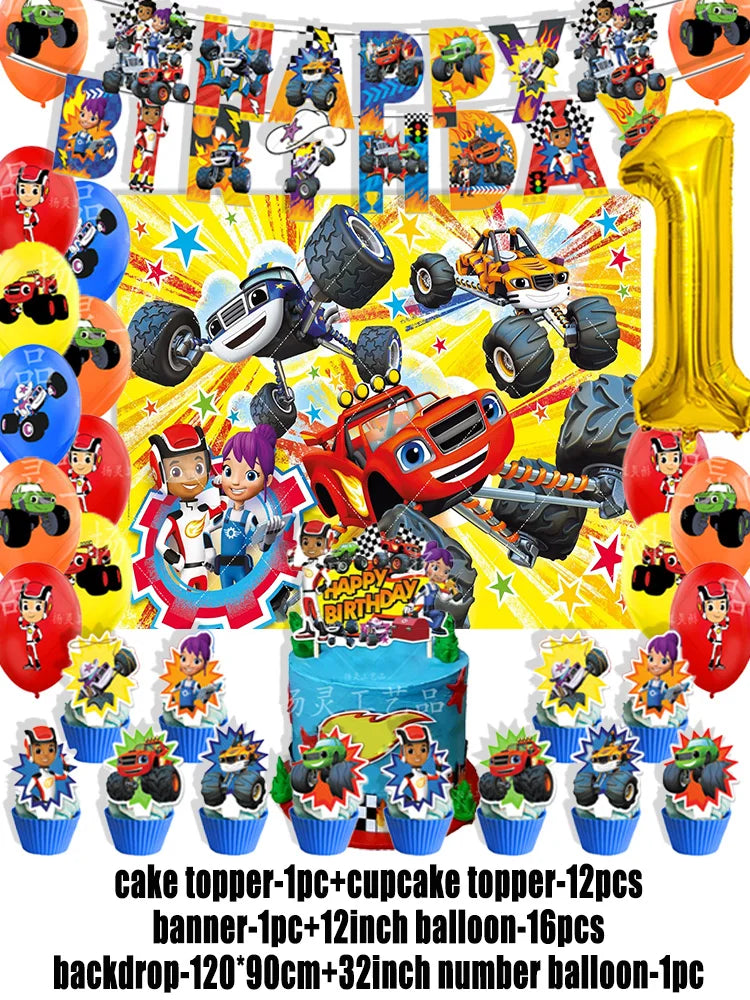 Blaze Monster Machines Theme Birthday Party Supplies Decor Cartoon Truck Balloon Banner Backdrops Cupcake Topper for Kids Gifts