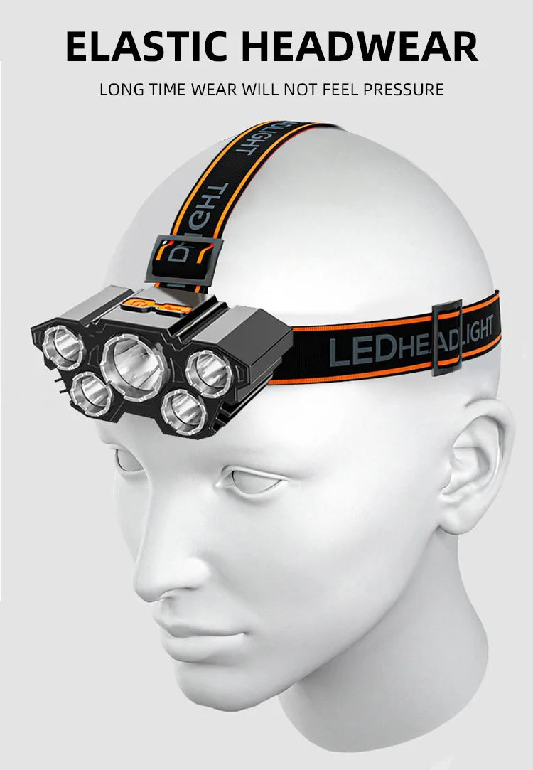 5 LED Headlamp Rechargeable with Built in 18650 Battery Strong Light Headlight Camping Adventure Fishing Head Light Flashlight