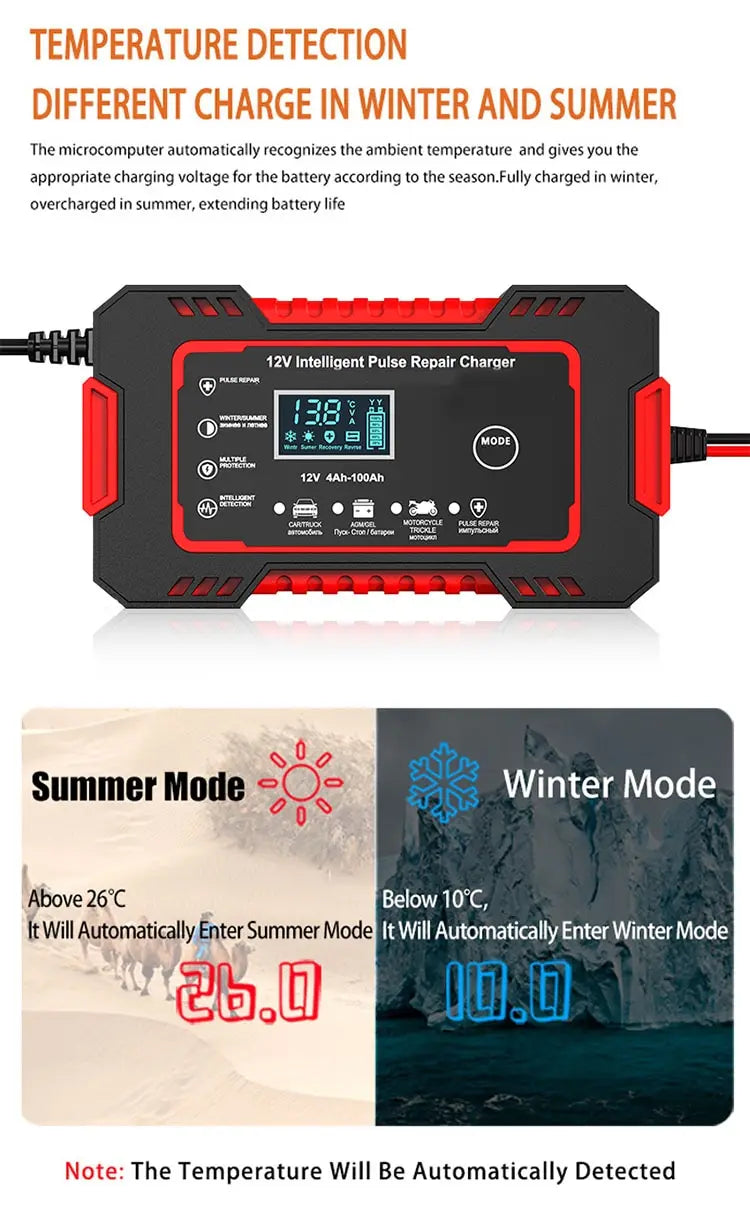 1 Set 12V6A Battery Charger Car/Motorcycle Charger Digital Display Suitable for Lead Acid Batteries EU Plug Reverse Protection
